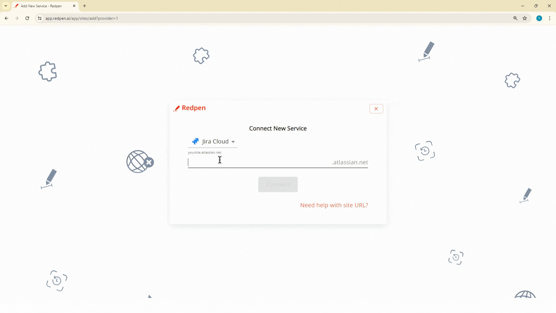 Input your atlassian.net account to connect with Redpen