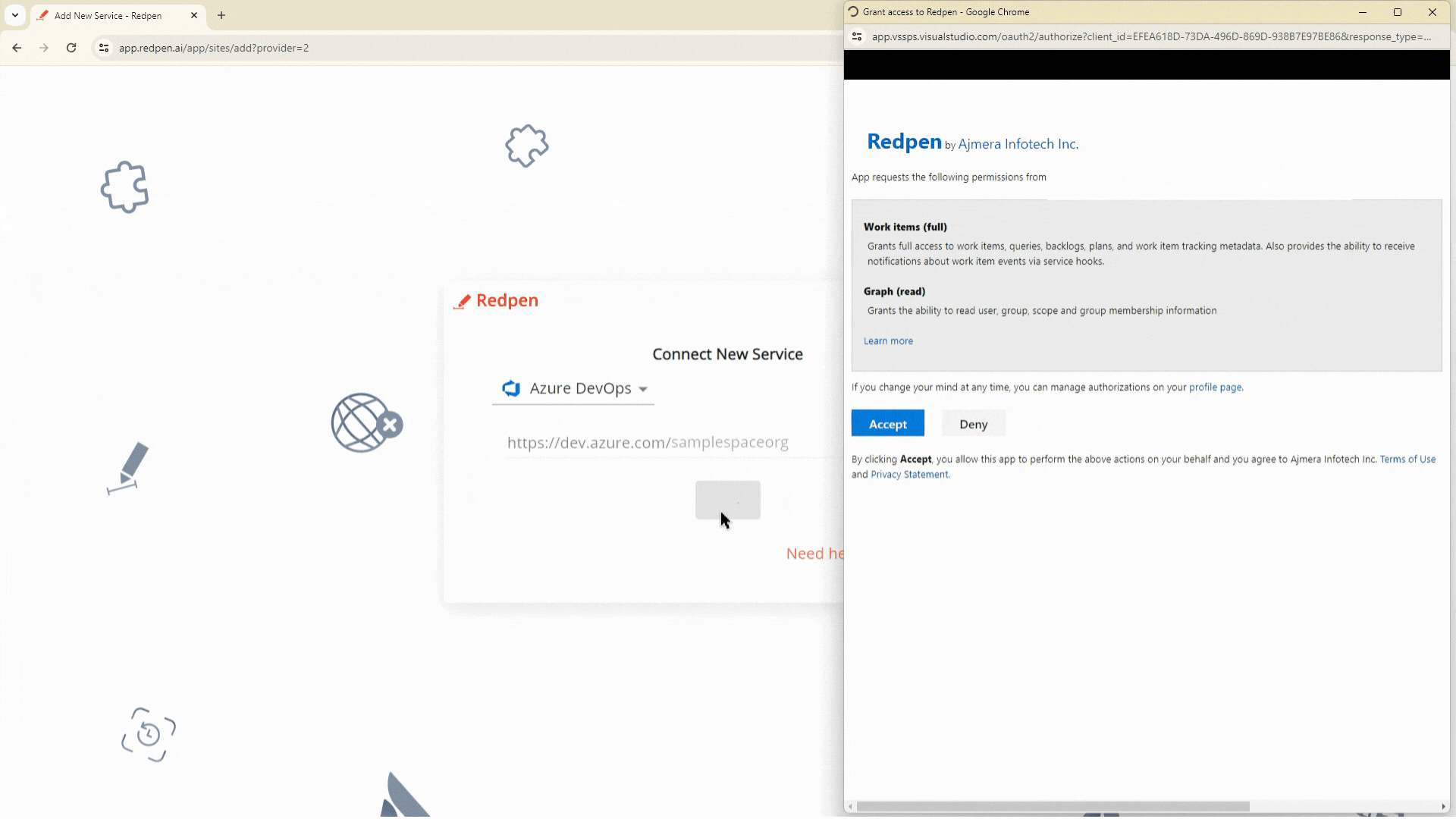 Click 'Accept' in Redpen to authorize access to your Azure DevOps organization