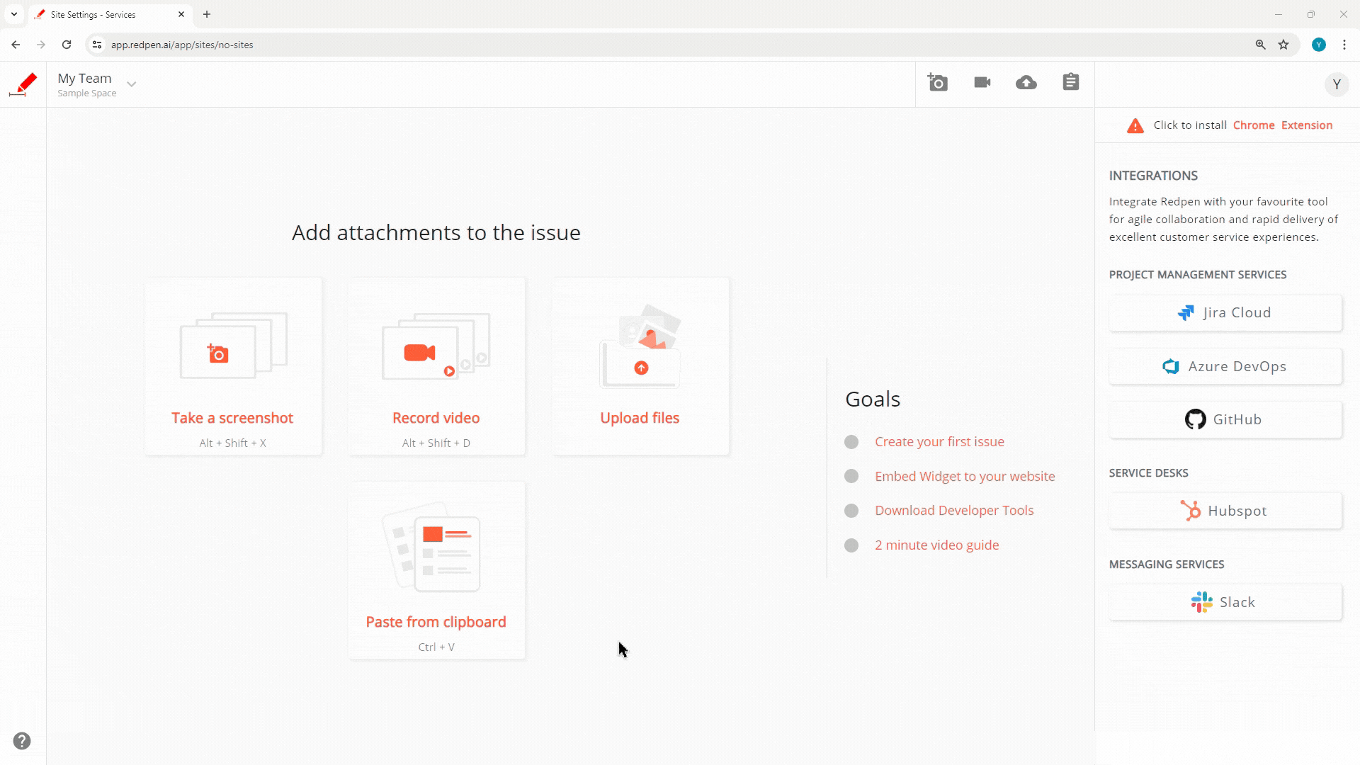 Navigate to the Integration panel or Service selection menu in Redpen and select Slack
