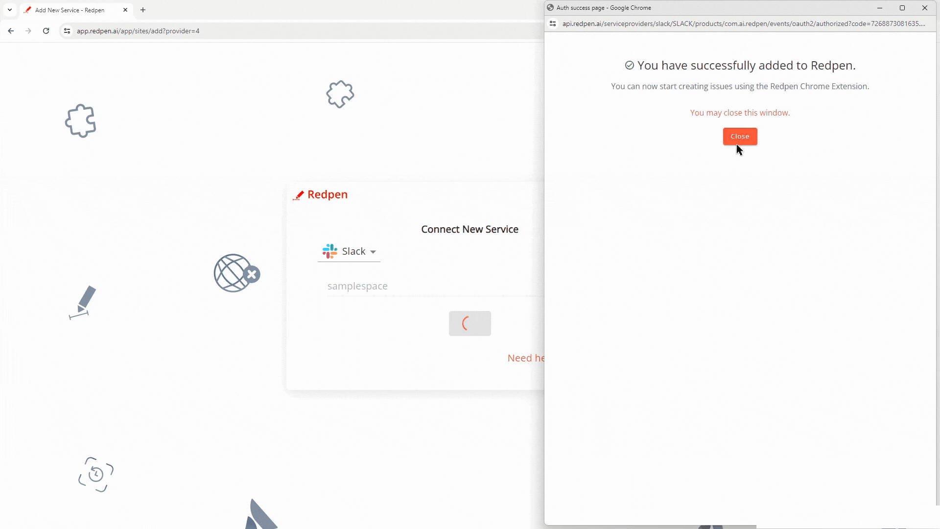 Successful connection between Slack and Redpen