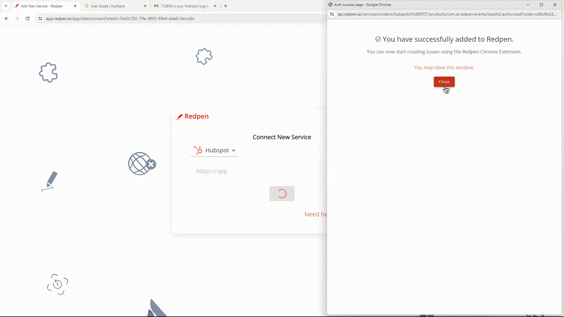 Successful connection between Hubspot and Redpen